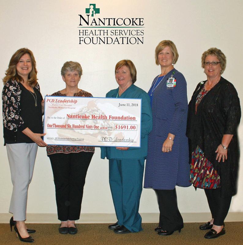 Members of the Patient Care Division (PCD) leadership team present a check in the amount of $1691 to Renee’ Morris, Nanticoke Health Foundation Executive Director (far right). PCD team members pictured L-R are: Penny Short, RN, BSN, NHS CNO/COO; Vicki Strohmaier, RN; Lana Gillespie, RN, Director of Perioperative Services; and Lori Lee, RN, BSN, AVP of Nursing.
